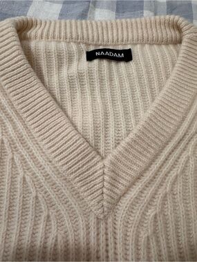 NAADAM Cream Ribbed V-Neck Sweater